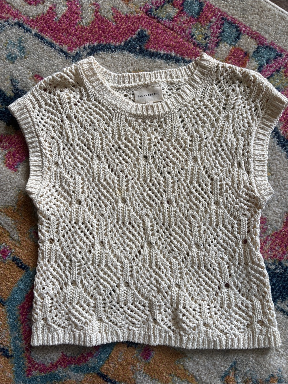 Lucky Brand Cream Openwork Short Sleeve Knit Top